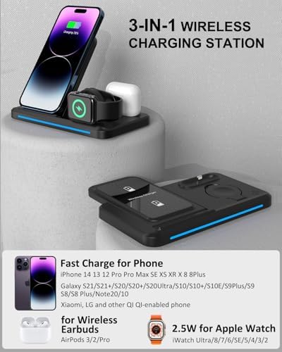 Foldable 3-in-1 Wireless Charging Station for i Phone 16/15/14/13/12/11, Apple Watch, and Air Pods – Fast Charging with Night Light – Versatile and Portable Charging Hub for Apple Devices (Black)