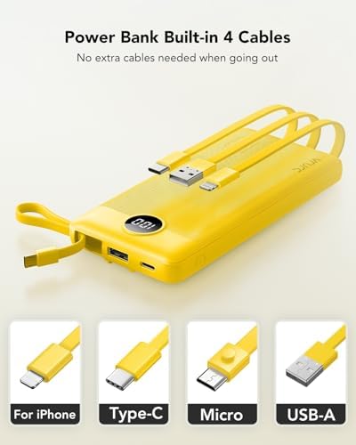 VRURC 10000 m Ah Portable Power Bank with Integrated Cables and LED Battery Indicator – Slim, Lightweight Travel Charger with Dual Input and Five Outputs for Effortless Device Charging – Ideal for Smartphones and Tech Gadgets – Stylish Blue Design (1 Pack) – Ultimate Convenience and Compatibility