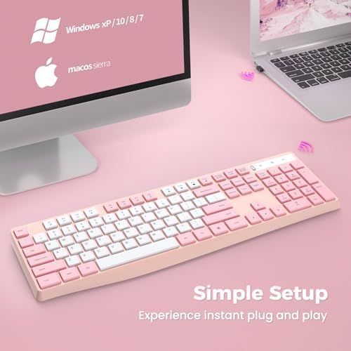 Lovaky Pink White Wireless Keyboard – Ergonomic Full Size Keyboard with Numeric Keypad for Laptops, Desktops, and More – 2.4 G Stable Connection with Enlarged Indicator Lights for Optimal Visibility and Comfort