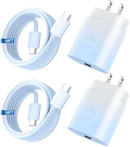 High-Speed 25 W Type C Wall Charger for Samsung Galaxy S25 Series – Includes Dual 10 FT USB-C Cables for Enhanced Flexibility and Safety – Lightning-Fast Charging with Compact Design for Travel Enthusiasts and Everyday Users