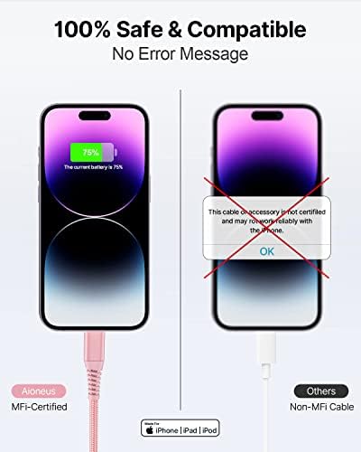 Aioneus 10 ft i Phone Charger 2 Pack – Apple Certified Lightning Cable with Fast Charging, Extra Long Nylon Braided Cord in Stylish Pink for i Phone 13, 12, 11, XS, XR, 10, 8, 7, 6 Plus – Unmatched Durability and Flexibility