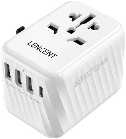 LENCENT 85 W Universal Travel Adapter with Retractable USB-C Cable – High-Speed International Plug Converter Featuring 3 Type-C & 1 USB-A Ports for Effortless Worldwide Charging – Your Ultimate Travel Essential for Maximum Compatibility, Fast Charging, and Ga N Technology Efficiency