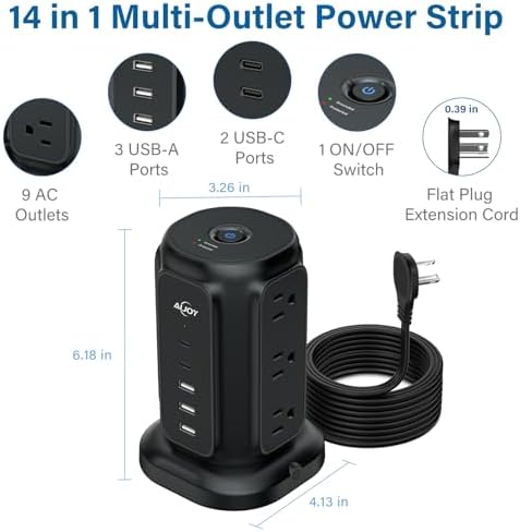 Maximize Your Power Potential with Ai Joy’s Space-Saving Flat Plug Power Strip Tower – 9 Outlets & 5 USB Ports (2 USB-C) for Rapid Charging, 1200 Joules Surge Protection, 6.5 Feet Extension Cord – Ideal for Home, Office, and Dorm Use – Durable, Efficient, and Compact Design for Uncluttered Charging Solutions