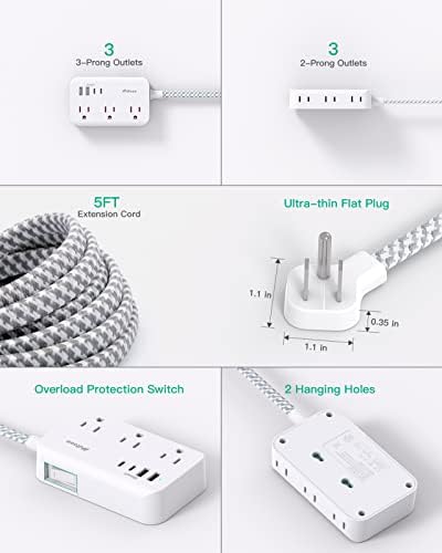 Compact Power Strip with 6 Outlets and 4 USB Ports (2 USB-C) – 5 Ft Braided Extension Cord with Ultra-Slim Flat Plug for Wall Mounting – Essential Overload Protection for Travel, Dorm Rooms, and Cruise Ships – Versatile Device Charger for Modern Living