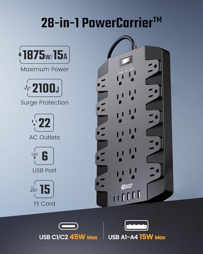 SUPERDANNY 22-Outlet Surge Protector Power Strip with 6.5 Ft Cord, 2 USB-C & 4 USB Ports – High-Capacity 1875 W/15 A with 2100 J Surge Protection for Home, Office, and Dorm Use – Wall Mount Design for Space-Saving Convenience