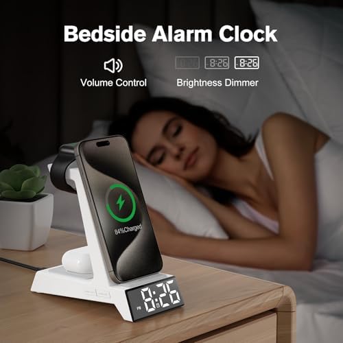 Revolutionary 3-in-1 Wireless Charging Station with LED Alarm Clock – Simultaneous Charging for i Phone 16-11 Pro Max, Apple Watch Series 10-5, and Air Pods Pro 4-2 – Space-Saving Nightstand Dock with Adjustable Brightness, Phone Case Compatibility, and Enhanced Safety Features – Perfect for Home, Office, and Travel