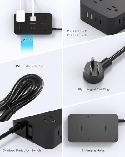 HANYCONY 12-Outlet Power Strip Surge Protector with 4 USB Ports (2 USB-C) – 6 ft Flat Extension Cord with 1800 J Surge Protection, Wall-Mountable Charging Station for Home, Office, and Dorm Room – Ultimate Device Connectivity and Fast Charging Solutions