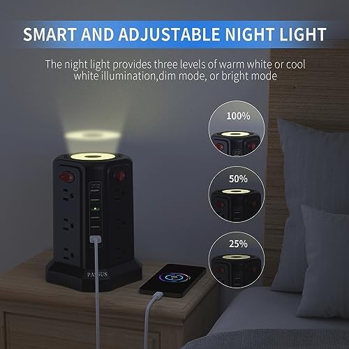 PASSUS Surge Protector Power Strip Tower with 12 AC Outlets and 5 High-Speed USB Ports – 10 FT Extension Cord with Overload Protection and Built-In Night Light for Home Office and Dorm Room – Sleek Black Design for Ultimate Charging Efficiency