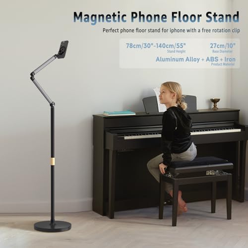 Magnetic Phone Floor Stand, Aluminum iPhone Overhead Stand with Adjustable Arm & Remote for Multi-Angle Creative Shooting, Stable Stand for iPhone/Android – Enhanced Compatibility and Speed