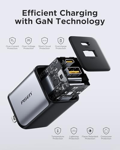 PISEN 30 W Dual Port USB C Charger – Fast Charging Power Delivery & Quick Charge 3.0 Ga N Adapter for i Phone 16/15/14/13, Samsung Galaxy, Pixel, i Pad – Compact, Lightweight Design for Seamless Power Anywhere – Enhance Your Charging Efficiency with Dual Device Support (Cable Not Included)