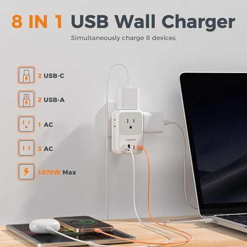 TESSAN 20 W USB-C Fast Charger Block – Compact Multi-Device Power Adapter with 4 AC Outlets & 4 USB Ports for Effortless Home, Office, and Travel Charging Solutions – Foldable Plug for Maximum Portability and Convenience
