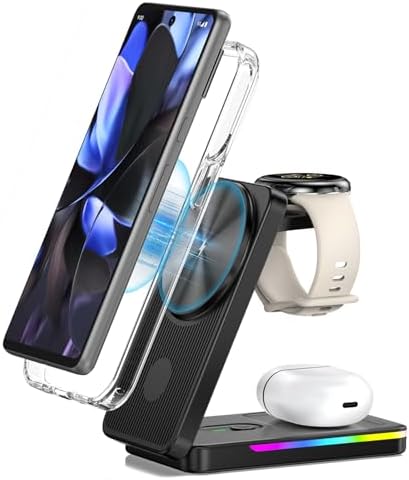 Ultimate 3-in-1 Magnetic Wireless Charging Dock for Google Pixel Devices – Compact Foldable Fast Charger for Pixel Watch 3/2, Pixel 9/Pro/Xl/8/Pro/8 a/7/Pro/7 a/6/Pro & Pixel Buds Pro 2 – Experience Rapid 15 W Power Boost with Included Adapter for Stylish Efficiency and Seamless Connectivity