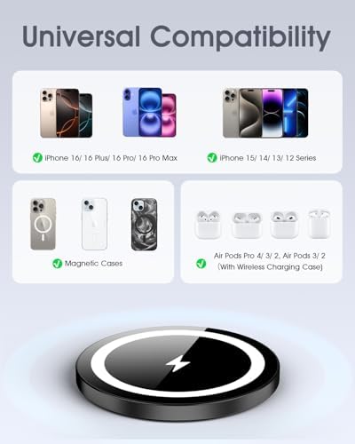 Magnetic Wireless Charger Duo for Apple Devices – 15 W Fast Charging Pad for i Phone 12-16 Pro Max, mini & Air Pods 2/3/4/Pro – Secure Magnetic Connection, Sleek Silver Finish for Modern Tech Aesthetics – Optimal Compatibility & Effortless Charging Experience