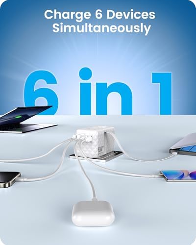 85 W Universal Travel Power Adapter with Retractable USB-C Cable – Optimal Fast Charging Hub for Global Use, Featuring 4 Ports for Seamless Connectivity in US, EU, UK & Beyond, Engineered for On-the-Go Professionals Seeking Efficiency and Versatility