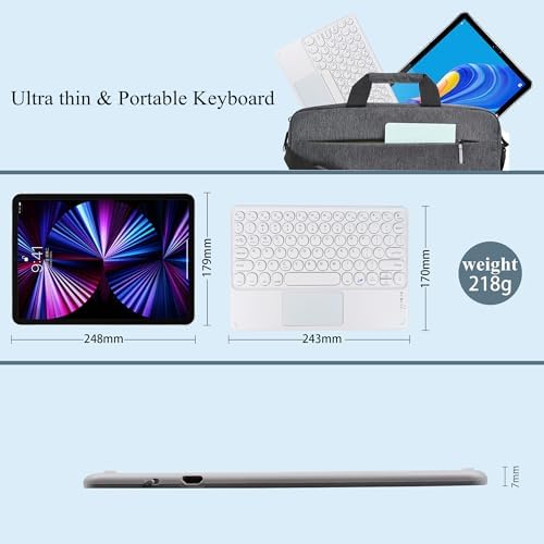 Ultra-Slim 10-Inch Wireless Bluetooth Keyboard with Touchpad – Rechargeable & Portable Universal Keyboard for i OS, Android & Windows Devices – Effortless Typing on the Go in Sleek White Finish