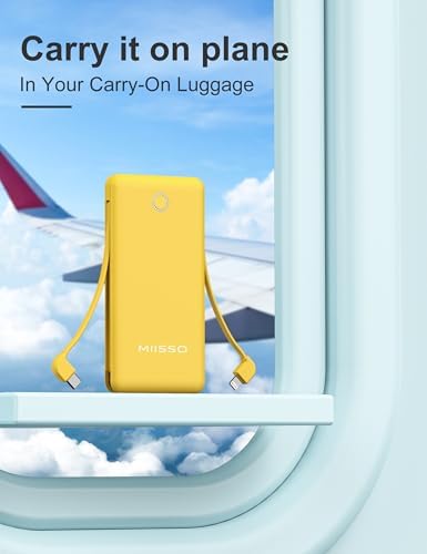 miisso 10000 m Ah Ultra-Slim Portable Power Bank with Integrated Charging Cables – Multi-Device USB-C Travel Charger for i Phone & Samsung – Compact, Lightweight Battery Pack Designed for Maximum Portability and Efficiency