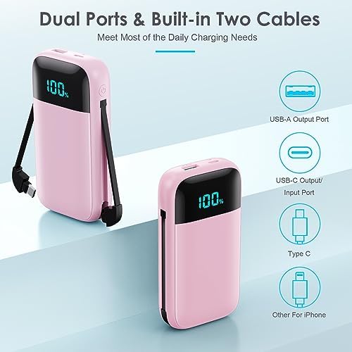 Ultra-Compact 13,800 m Ah Portable Charger with Built-In Cables – PD Fast Charging Power Bank for i Phone 15/14/13/12 & Android Devices – Stylish Pink Design with LCD Display for Real-Time Battery Monitoring – Perfect for Travel and Daily Use – Multi-Device Charging Solution