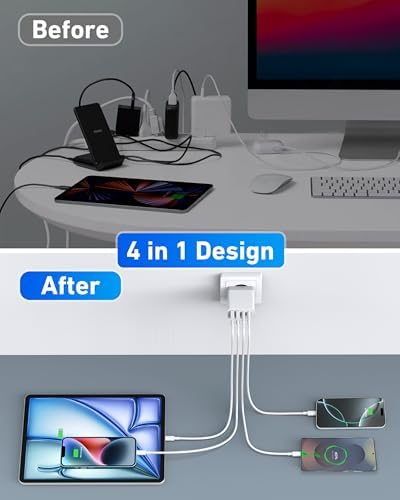 Ultimate European Travel Plug Adapter with 4 USB-C Fast Charging Ports and 10 FT Type C Cable – High-Power 40 W Wall Charger for i Phone 16/15 Pro Max and Samsung S24/S23 – Seamless Power Solution for Your European Journey