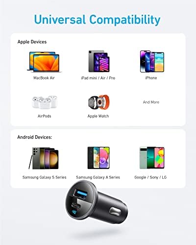 Anker 323 USB C Car Charger Adapter – 52.5 W Dual Port Fast Charging Cigarette Lighter Charger with 30 W Power IQ 3.0 Cable for i Phone 15/15 Pro Max, Galaxy S23/22, and Google Pixel – Optimal Performance & Safety for All Devices on the Go