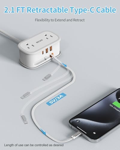 BEVA Portable Travel Power Strip with 5 ft Retractable USB C Cable – Compact Charger for Hotels and Cruises, Featuring 2 AC Outlets & 3 USB Ports for Enhanced Device Compatibility and Fast Charging