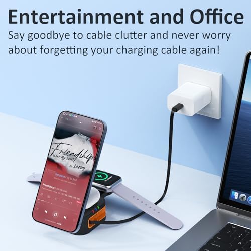 Magnetic 3-in-1 Wireless Charging Station for Apple Devices – Foldable & Portable Charger with Retractable Cable Stand for i Phone 16/15, Apple Watch, Air Pods (Black) – Enhanced Speed, Smart Safety System, and Adjustable Viewing Angles