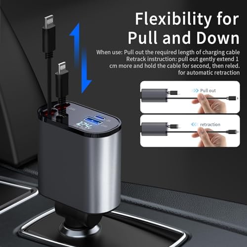 Ultimate 4-in-1 Retractable Car Charger with Dual USB Lightning Ports – 60 W Fast Charging Solution for i Phone 11-16, Tangle-Free 2.6 Ft Cables, Compact Design for Effortless On-the-Go Power Management