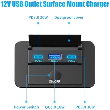 Dual USB Charger Socket Panel – 2 Pack 12 V Waterproof Surface Mount Outlet with 30 W USB-C & QC 18 W for RV, Bus, Marine & Motorcycle – Fast Charging Solution with Button Switch for Ultimate Convenience and Compatibility