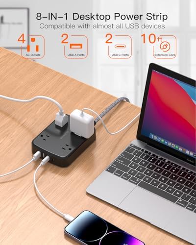 10 FT BESHON Surge Protector Power Strip with 4 Outlets & 4 USB Ports – Flat Extension Cord with 2 USB-C for Fast Charging – Space-Saving Flat Plug Design – 900 Joules Surge Protection for Home, Office & Dorm Room Essentials – Ultimate Power Management Solution