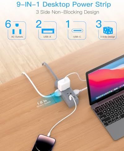 5 Ft Versatile Power Strip with 6 AC Outlets & 3 USB Ports, including USB-C – Compact Flat Plug Extension Cord for Efficient Charging in Dorm Rooms, Travel, and Home Offices – Surge Protector for Enhanced Device Safety and Connectivity
