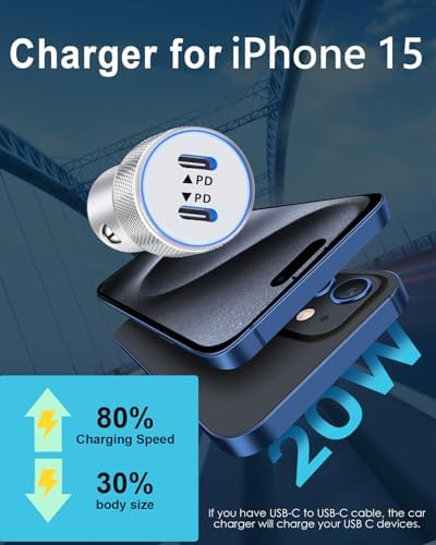 i Phone 14 Dual Port Fast USB C Car Charger | Apple MFi Certified 38 W Quick Charge Adapter with 2 Lightning Cables | Sleek Metal Design for Optimal Durability and Compatibility with i Phone 14, 13 Pro Max, Mini, 12, 11 & Air Pods | Reliable On-the-Go Power Solution for Busy Lifestyles