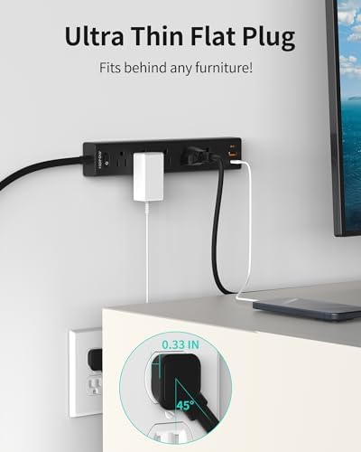 Ultra-Slim 15 FT Flat Plug Power Strip with 5 Outlets & 3 Smart USB Ports – 1700 Joules Surge Protector for Home, Office & Dorm Use – Space-Saving Design with Right-Angle Plug for Optimal Access and Charging Efficiency