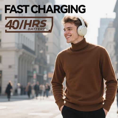 Suno Fi Hybrid Active Noise Cancelling Over-Ear Headphones – Wireless Hi-Res Audio with Exceptional Deep Bass, 40-Hour Playtime, and Foldable Travel Design for Comfort and Connectivity – Chic White Finish Perfect for Modern Sound Enthusiasts