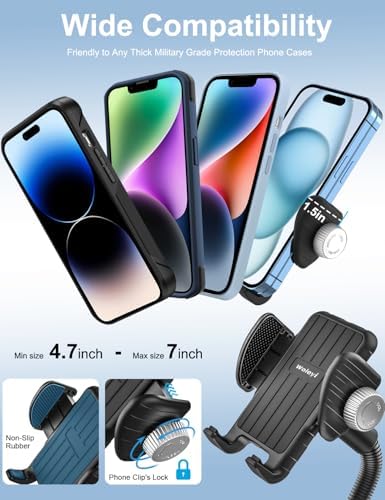 Ultimate Versatile Gooseneck Smartphone Holder for Wheelchairs, Strollers, and Golf Carts – Adjustable Clamp for i Phone & Android Devices – Hands-Free Convenience for Active Lifestyles and Indoor Cycling Enthusiasts