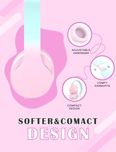 Premium Pink Over-Ear Bluetooth 5.3 Headphones – Versatile Wireless Audio Solution for Kids and Adults with 10-Hour Battery, Adjustable Fit, and Built-In Microphone for Effortless Connectivity and Comfort during School, Travel, or Home Use