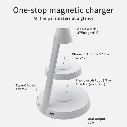 Elevate Your Charging Experience with the Marble Style Magnetic Wireless Charger 3 in 1 Tower – Sleek Night Light Charger for Cellphones, Wireless Earbuds, and Apple Watch with High-Power Output and Space-Saving Design – Perfect for Home or Office Use