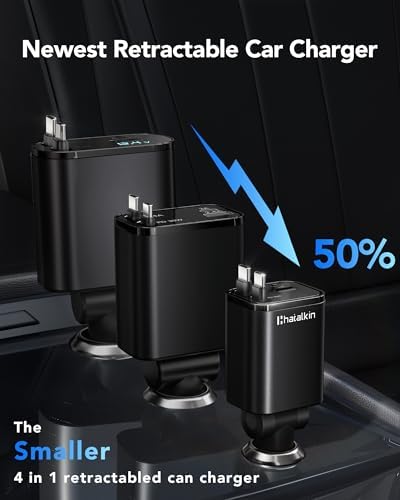 2025 Ultra-Compact 4-in-1 Retractable Car Charger – 69 W Fast Charging Adapter for i Phone 16, Galaxy and More – Innovative Space-Saving Design with Multiple Ports for Simultaneous Device Powering – Essential Car Accessory for Daily Commutes and Road Trips