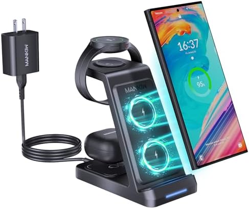 MANKIW Advanced 3-in-1 Wireless Charging Station for Samsung Devices – Ultra-Fast Charger for Galaxy S24, S23, S22, S20 Ultra, Z Flip Fold 5/4/3, Galaxy Watch 6/5/4/3 & Buds – Sleek Black Design for Optimal Efficiency and Style