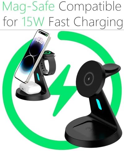 3-in-1 Mag Safe Wireless Charging Station: Fast 15 W Charger for i Phone 16/15/14/13/12, Apple Watch, and Air Pods – Compact Design for Clutter-Free Workspaces with Enhanced Magnetic Alignment and Safe Charging Technology