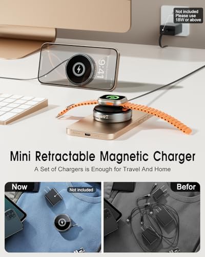 Revolutionary 2-in-1 Retractable Mag Safe Charger for i Phone 15/16 Pro – Ultimate Magnetic Wireless Charging Station for Air Pods & Apple Watch, Compact Travel Design, Fast Charging, Sleek Silver Finish, Enhanced Compatibility for Apple Devices