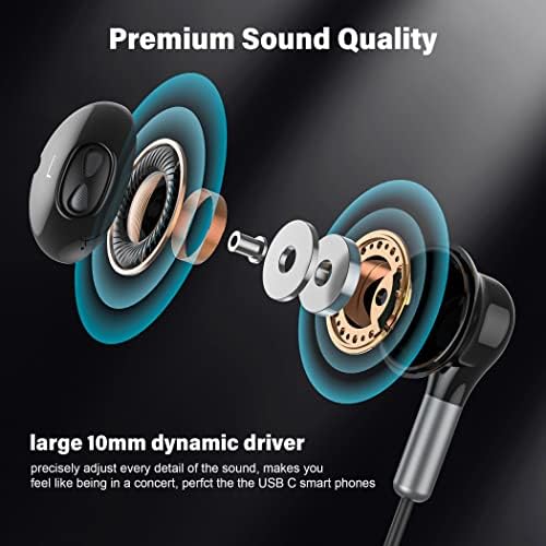 Hmusic Premium USB C Earbuds with Magnetic Convenience – In-Ear Wired Headphones Featuring Built-in Mic and Volume Control for Samsung Galaxy, Google Pixel, Xiaomi Smartphones – Unmatched Sound Clarity and Effortless Comfort for On-the-Go Listening