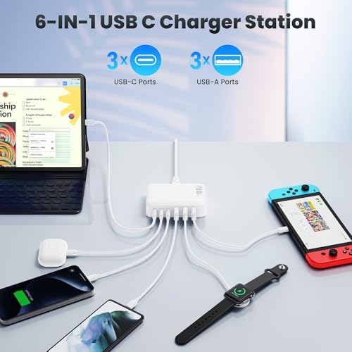 108 W Pink Ga N III USB C Charging Hub – 6-Port Fast Charger for i Phone 15 Pro, Samsung & More – Quick Charge & Power Delivery Compatible – Stylish Multi-Device Power Station with Intelligent Safety Features – Ideal for Home, Office & Travel Use