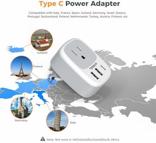 TESSAN Universal Type G UK Travel Adapter with 3 USB Ports & USB-C Charger – Effortless US to UK Plug Conversion for Global Travelers to England, Ireland, Qatar, Hong Kong, Dubai, and More – Compact Power Solution for Fast and Safe Device Charging
