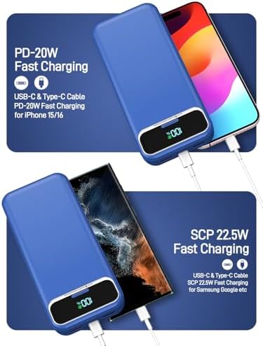 Ultimate 20,000 m Ah Portable Charger with Built-in Cables & AC Plug – Super Fast PD20 W & SCP22.5 W USB-C Power Bank for Quick Device Charging – LED Display & Universal Compatibility for i Phone, Samsung & More – Essential Travel Accessory for On-the-Go Power Solutions