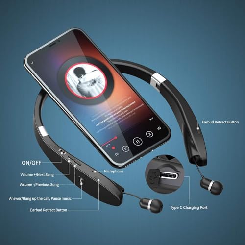 AMORNO Premium Retractable Bluetooth Neckband Headphones – Sweatproof Wireless Earbuds with Advanced Noise Cancellation & Integrated Microphone for Active Lifestyles – Superior Sound Quality & Broad Device Compatibility for Enhanced Listening Adventures
