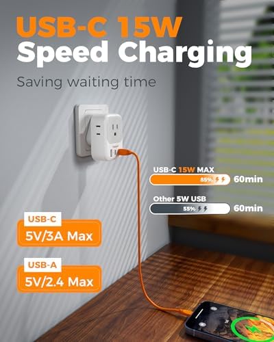 TESSAN Universal European Travel Power Adapter – 3 High-Speed USB Ports (2 USB-C) & 4 AC Outlets for Seamless Device Charging Across France, Germany, Spain, Greece & More – Compact Multi-Port Solution for Global Travelers – Ultimate Type E/F Plug Converter for Efficient Connectivity