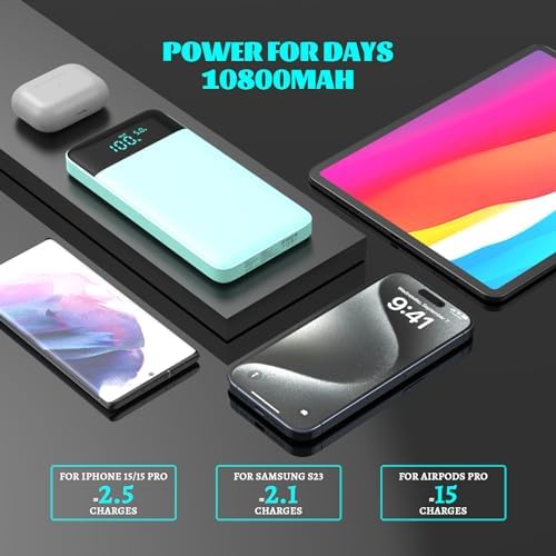 Ultra Slim 10800 m Ah Portable Charger with LCD Display – Fast Charging Power Bank with 20 W PD USB-C Output, Ideal for i Phone 15, 14 & Samsung Android – Compact Power Solution for On-the-Go Charging