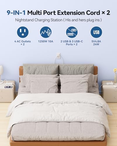 Revolutionize Your Charging Setup with the 10 FT Split Extension Cord – Featuring 4 AC Outlets, 2 USB-A & 3 USB-C Ports for Rapid 24 W Charging, Perfect Nightstand Solution for Shared Spaces in Bedrooms and Dorm Rooms – Compact Design for Maximum Flexibility and Enhanced Compatibility with All Devices