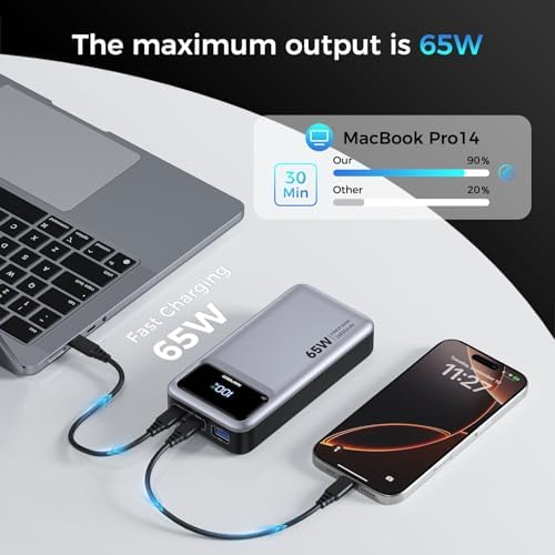 High-Capacity 26800 m Ah Portable Charger – 65 W PD3.0 Power Bank with Digital Display for Rapid Charging of Laptops, i Phones, i Pads, Steam Deck & More – Sleek Black Design for Ultimate Portability and Versatile Compatibility