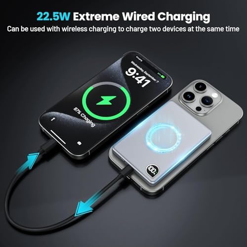 Ultra-Slim 5000 m Ah Magnetic Power Bank with Built-In USB-C Cable – 22.5 W Fast Charging Solution for i Phone 16/15/14/13, Samsung Galaxy, and Android Devices – Lightweight Design, Smart Thermal Regulation, and Universal Compatibility for Effortless On-the-Go Charging