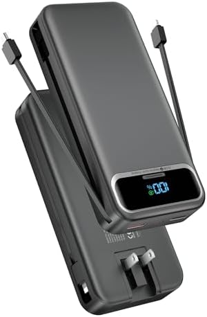 Ultimate 20,000 m Ah Portable Charger with Built-in Cables & AC Plug – Super Fast PD20 W & SCP22.5 W USB-C Power Bank for Quick Device Charging – LED Display & Universal Compatibility for i Phone, Samsung & More – Essential Travel Accessory for On-the-Go Power Solutions